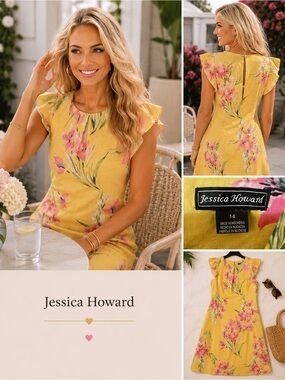 Jessica Howard Yellow Floral A-Line Dress with Pink Blossoms